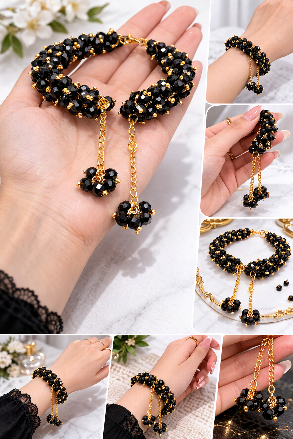 Royal Black Crystal Gajra Bracelet – Stylish Handmade Luxury Gift for Women