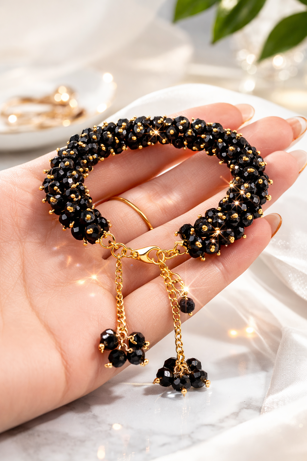Royal Black Crystal Gajra Bracelet – Stylish Handmade Luxury Gift for Women